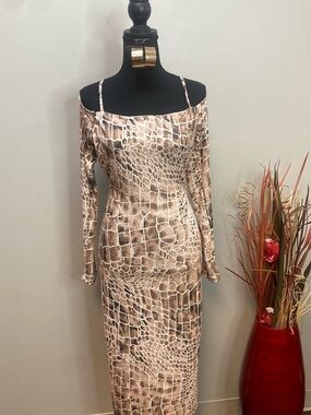 Off-Shoulder Croc-Print Midi Dress in Brown